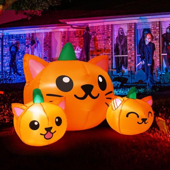 🆕Halloween Orange Pumpkin Cat Head Combo with Built-in LEDs Blow Up Decoration - Picture 1 of 6